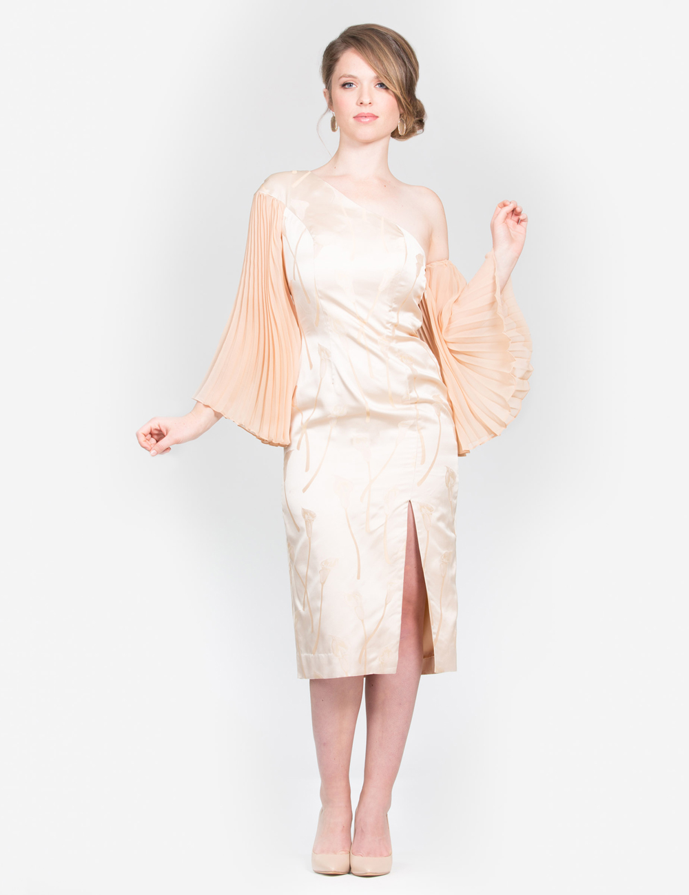 Silk Brocade Dress with Pleated Sleeves – Thynzar Shwin